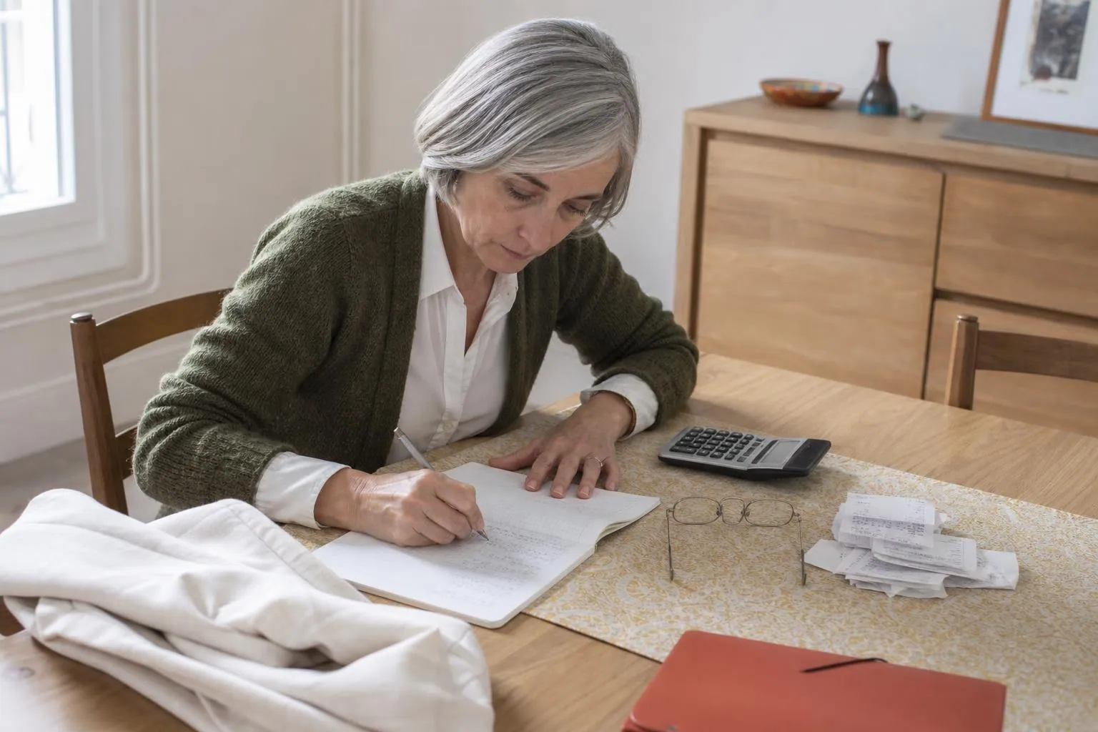Femme d’une cinquantaine d’années notant des chiffres dans un carnet à côté d’une veste pliée et d’une paire de lunettes sur une table de salle à manger