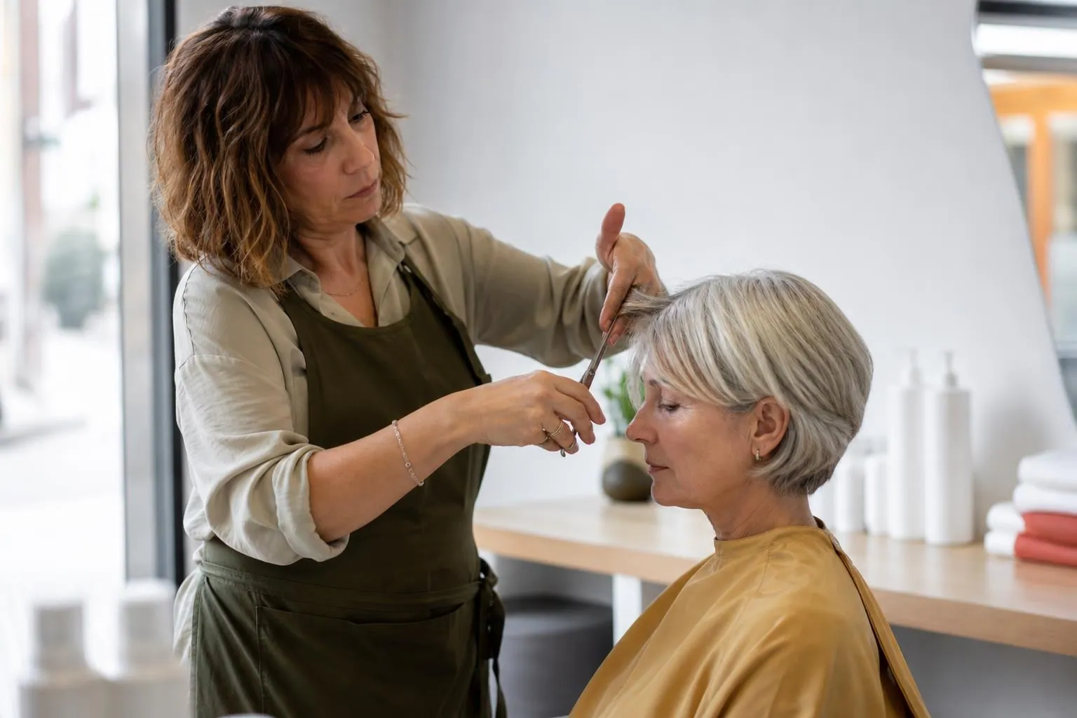Coiffeuse coupant les cheveux gris courts d’une cliente d’une cinquantaine d’années dans un salon français très clair