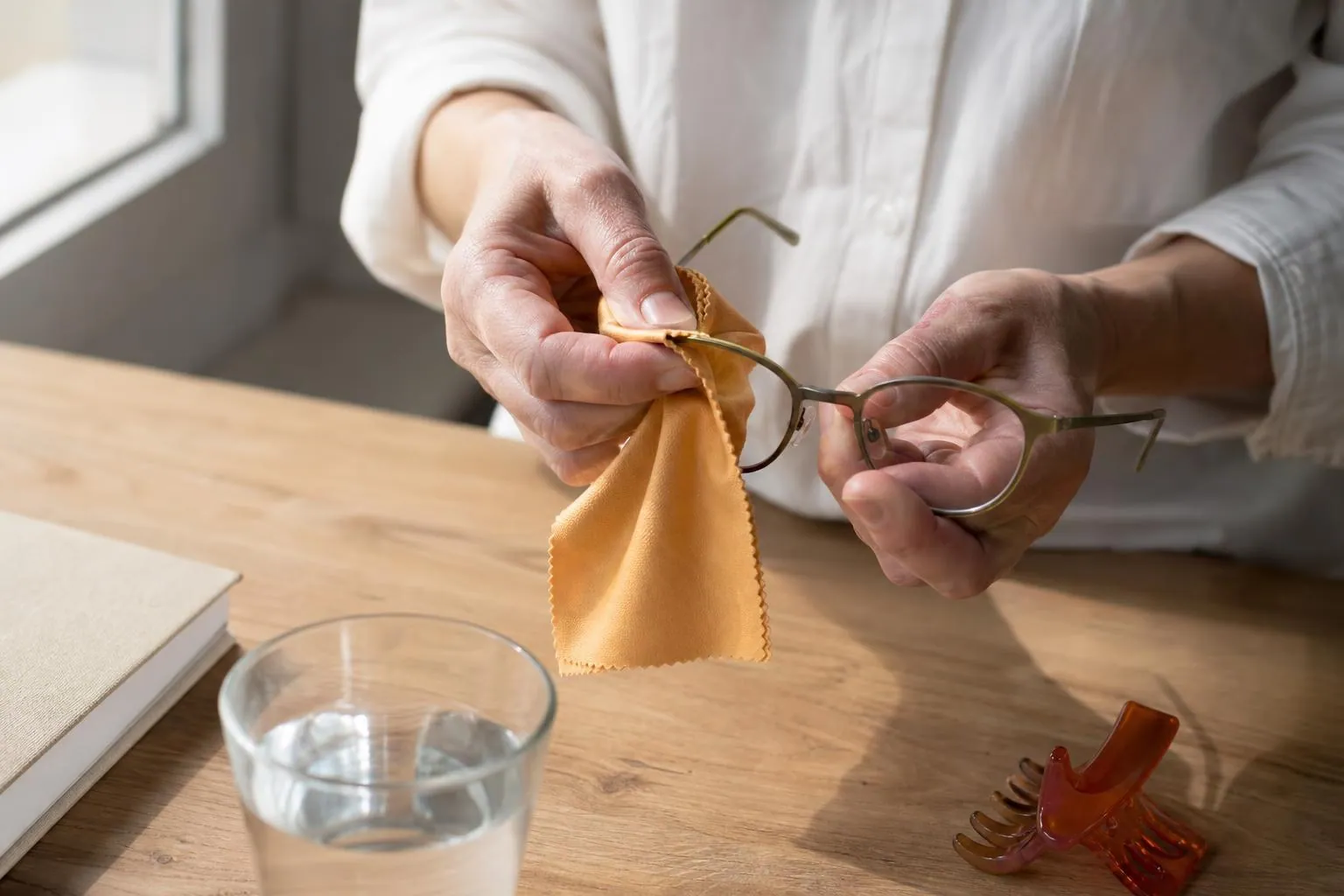 Gros plan sur les mains d’une femme nettoyant les verres de ses lunettes avec un chiffon microfibre près d’une fenêtre claire