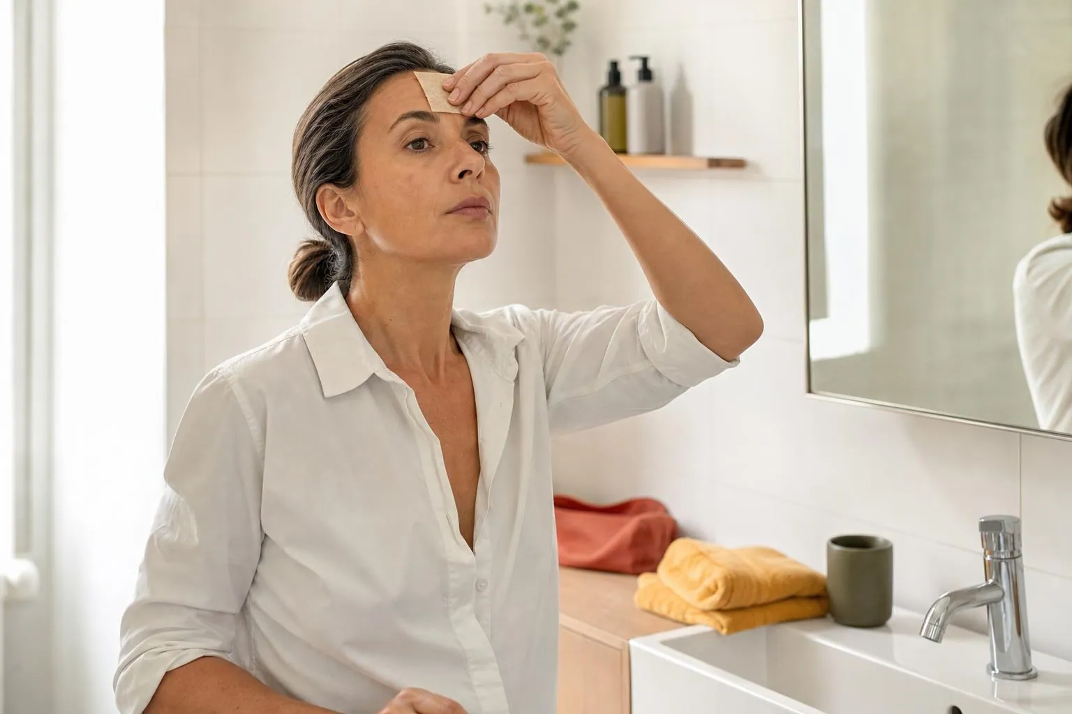 Femme de quarante sept ans matifiant son front avec une feuille de papier absorbant devant un miroir mural clair