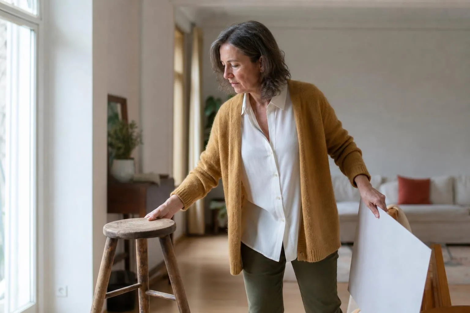 Femme d’une cinquantaine d’années installant un tabouret et un carton blanc face à une grande fenêtre claire de son salon