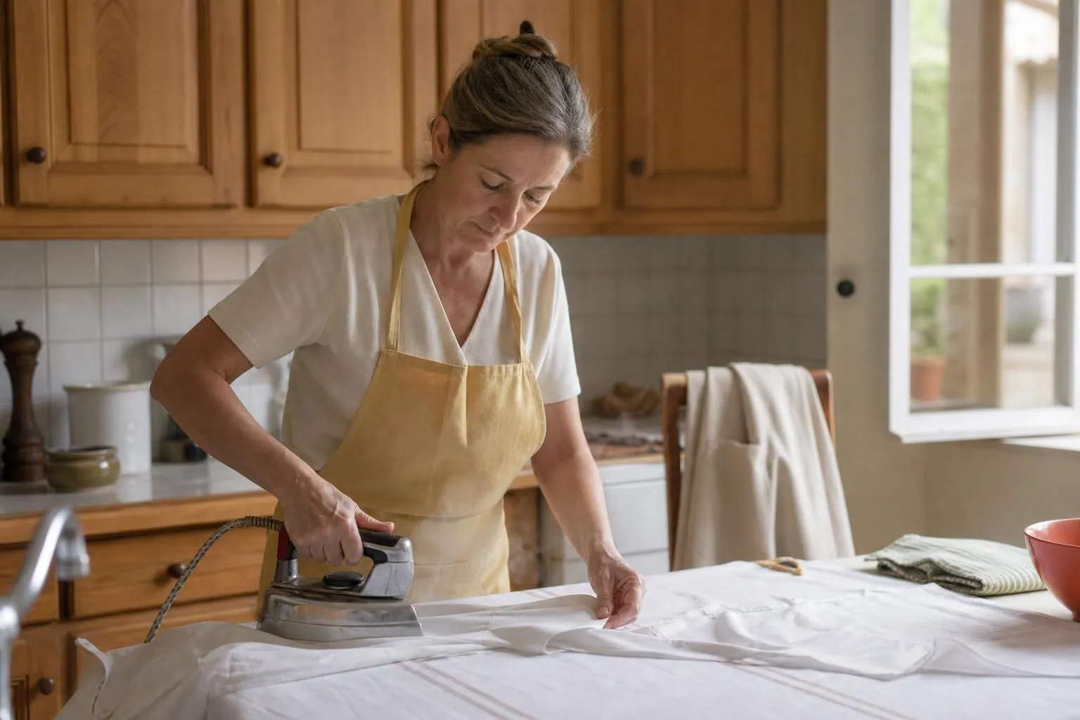 Femme d’une cinquantaine d’années repassant le col d’un chemisier blanc sur une table de cuisine claire, veste posée sur le dossier d’une chaise