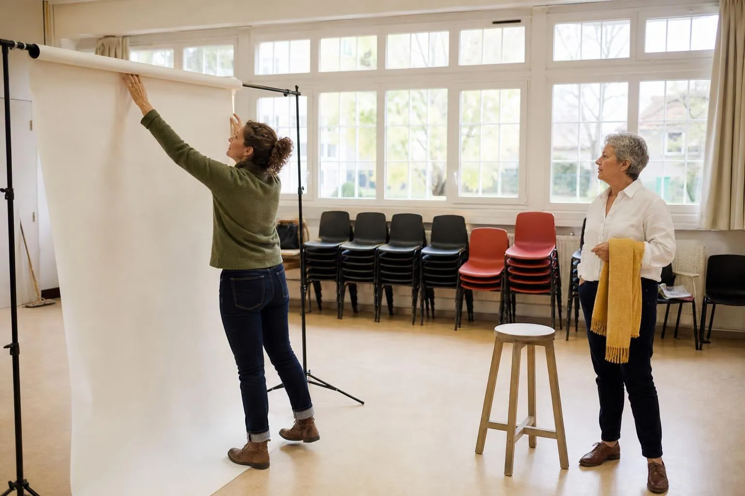 Bénévole tendant un fond de papier clair dans une salle associative pendant qu’une participante attend debout près d’un tabouret