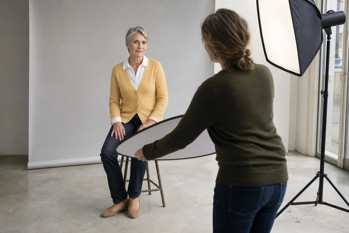 Studio de portrait clair, une photographe tient un réflecteur ovale devant une femme aux cheveux gris assise sur un tabouret, boîte à lumière allumée près du fond blanc